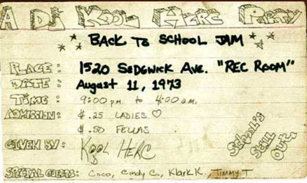 Hip hop timeline 1960s-1970s 50 DJKool Herc PartyFlyer